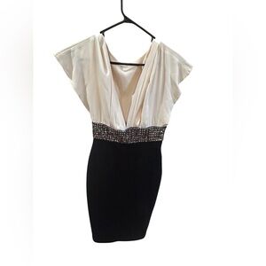 Neiman Marcus Deep V-Neck Dress in Ivory & Black Size Small
